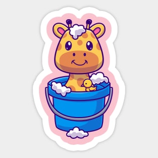 Cute Girrafe Bathing In Bucket With Bubble Cartoon Sticker